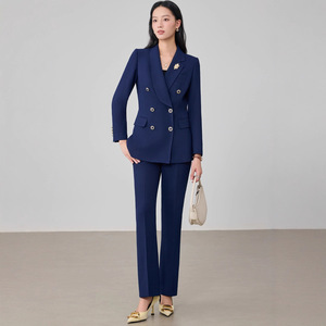 Women's Lake Blue Suit Set Double Breasted Jacket Pants Anti-Wrinkle Formal Wear For Commute - Product Image 4