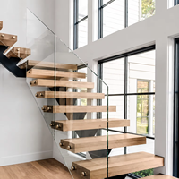 Escalier Flottant Moderne pour Villa Duplex, Garde-corps en Verre, Marches en Bois, Escalier en Cantilever, Design d'Escalier Résidentiel