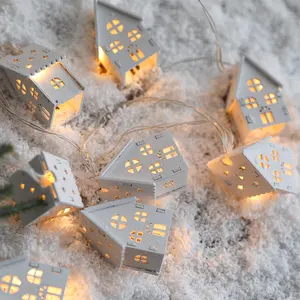 DIY Wooden House Christmas Tree Decoration LED String Light Hanging Ornaments Wooden House New Year Gift