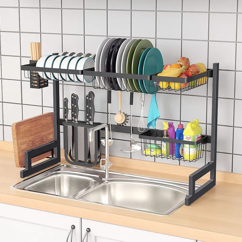 sus multifunctional black 85cm 201 stainless steel storage over the sink dish drying rack drainer for kitchen