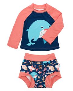 Pakaian Renang Lengan Panjang UPF50+ untuk Bayi Desain Fashion Baju Renang OEM ODM Set Pakaian Renang Anak Perempuan Laki-laki Baju Renang 2 Potong untuk Berenang 0-3 Tahun - Product Image 1