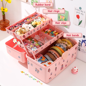 Boîte de <span class=keywords><strong>rangement</strong></span> portable pour filles roses pour bijoux accessoires de cheveux organisation de la maison avec autocollant mignon forme rectangulaire multicouche - Product Image 6