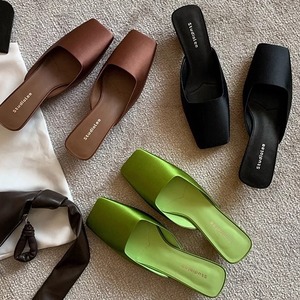 Mules élégantes pour femmes, à enfiler, en soie douce unie, à bout carré français, talon original, respirantes, pour l'extérieur, printemps, été, automne - Product Image 3