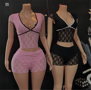 Completo Due Pezzi in Pizzo Trasparente Rosa, Top Corto con Scollo a V e Pantaloncini, Outfit Estivo <span class=keywords><strong>Sexy</strong></span> da Donna - Product Image 2