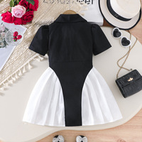 Blazer d'été à manches courtes plissé boutonné, formel, scolaire, décontracté, noir et blanc, vêtements pour tout-petits, robe pour enfants, robes pour bébés filles