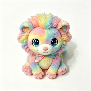 León de peluche personalizado, gordo y sentado, con degradado de colores pastel, crin multicolor esponjosa y lazo de cinta de satén - Product Image 1