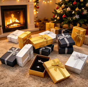 Caja de Regalo de Joyería con Lazo de Lujo, Caja de Anillo de Papel con Logotipo Personalizado, Caja de Collar en Color Dorado, Negro y Plateado, Estuche de Embalaje para Joyas - Product Image 3