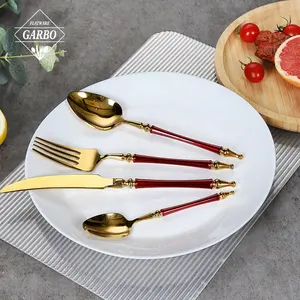 Imperial household golden silverware dinner set red metal stainless steel cutlery fork knife spoon gift set for banquet party