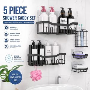 Lot de 5 paniers de douche adhésifs en acier inoxydable thermolaqué, grande capacité, sans perçage, étagères de rangement pour salle de bain - Product Image 4