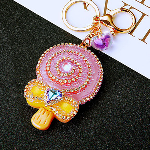 Porte-clés mignon en forme de sucette, rond, en plastique, avec strass, couleurs jaune, rose, bleu, corail, mousqueton - Product Image 4