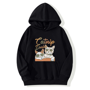 Felpa con Cappuccio in Cotone Sottile Invernale Vestibilità Ampia con Stampa Vintage Black Catnip Dealer & Cool Cat Grafica Unisex Fornitura ODM - Product Image 1