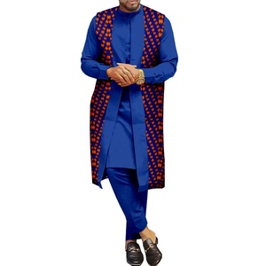 Ensemble 2 pièces formel Dashiki pour <span class=keywords><strong>homme</strong></span>, grande taille, en coton uni, brodé, anti-plis, à manches longues, motif géométrique, style ethnique africain - Product Image 3