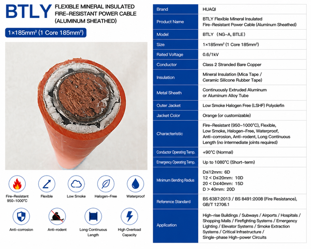 HUAQI BTLY 1x185mm² Single Core Fireproof Power Cable Copper Conductor Al Sheath BS6387 0.6/1kV for Emergency