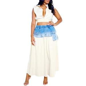 Ensemble 2 pièces personnalisé pour femme 2026 : Haut court sans manches et jupe en jean patchwork avec poches, en coton respirant - Product Image 2