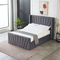 Cadre de lit double contemporain de style mi-siècle avec rangement, design moderne, plateforme rembourrée en velours