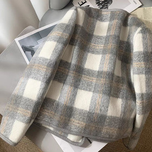 Women's Gray White Checkered Wool Coat Full Sleeve A Shape Warm Casual Outerwear Autumn Winter 2025 - Product Image 3