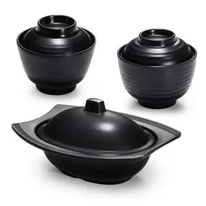 Japanese Style Traditional Melamine Miso Soup Bowl Black Soup Bowl With Lid