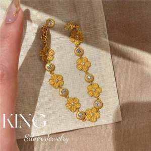 King Silver Jewelry Floral <b>Bracelet</b> <b>Gold</b> Plated S925 Sterling Silver Chain 162cm <b>Adjustable</b> Everyday Wear - Product Image 1