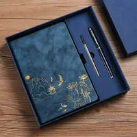 Cuaderno Artístico de Cuero con Tapa Grabada, Set de Bolígrafos con Paisaje Chino, Organizador Personal, Caja de Regalo