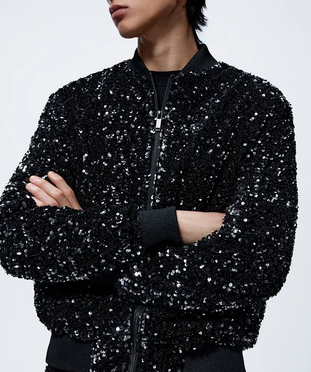 New Arrival Black Bomber Jacket Men Faux Leather With Sequin Sleeve Details With Bomber Jacket Plus Size Men's Jacket Cas
