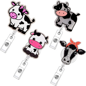 New cute cow badge scroll retractable <b>ID</b> <b>holder</b> acrylic easy-pull buckle glitter name tag pull cord wholesale - Product Image 1
