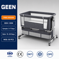 Lit double multifonctionnel GEEN pour bébés, avec barrière rétractable douce pour la peau, réglage multi-niveaux, panier de rangement et mode anti-régurgitation