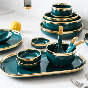 Service <span class=keywords><strong>de</strong></span> vaisselle <span class=keywords><strong>de</strong></span> luxe <span class=keywords><strong>en</strong></span> <span class=keywords><strong>porcelaine</strong></span>, vaisselle <span class=keywords><strong>de</strong></span> table, céramique <span class=keywords><strong>de</strong></span> luxe, bon marché, bord doré, vert, 9 pièces, 18 pièces 26 pièces - Product Image 3
