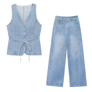 NOVEDAD DE VERANO 2025, Estilo Europeo Americano, cuello en V, sin mangas, cintura ceñida, chaleco vaquero sencillo, traje vaquero informal de pierna ancha para <span class=keywords><strong>mujer</strong></span> - Product Image 1