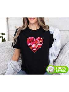 T-shirt da donna con stampa a cuore di San Valentino, 100% cotone, girocollo, casual, a maniche corte, primavera estate, tessuto jersey con stampa digitale - Product Image 3