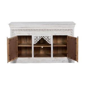 Meuble TV en bois sculpté à la main avec un design Jali complexe, console de divertissement en bois massif avec rangement, blanc vintage - Product Image 3
