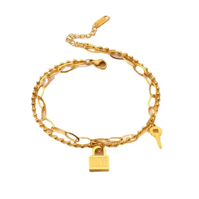 Joyería de moda 18K chapado en oro titanio acero candado colgante pulsera impermeable doble capa llave clip cadena pulsera