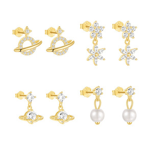 Boucles d'oreilles clous CANNER S925 en argent sterling, minimalistes, planète Saturne, fleurs de perles, étoile à quatre branches, élégantes - Product Image 1