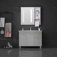 Meuble-lavabo de salle de bain moderne GOLDEN HOME en MDF, bambou bleu écologique, avec plan de travail en marbre artificiel et conception 3D gratuite