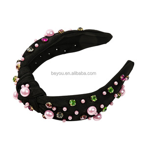 Fascia <span class=keywords><strong>rosa</strong></span> e verde da donna con nodo a forma <span class=keywords><strong>di</strong></span> perla e strass decorata alla moda regalo per feste quotidiane - Product Image 3