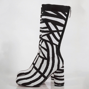 Women Zebra Pattern Knitting Half Knee High <b>Boots</b> High Chunky Round Heels Square Toe Mid Calf Short <b>Boots</b> Back Zipper Shoes - Product Image 5