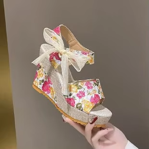 Hot Sale Trendy New Bohemian Fashion Wedge Lace Print Fish Mouth Sandals for Women - Product Image 6