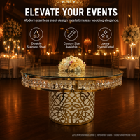 Table de salle à manger ronde moderne en acier inoxydable doré avec plateau en verre cristal, mobilier de luxe pour mariage, banquet, hôtel