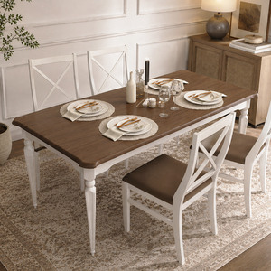 Table à manger classique en bois massif et placage, finition blanche et bois naturel - Product Image 3