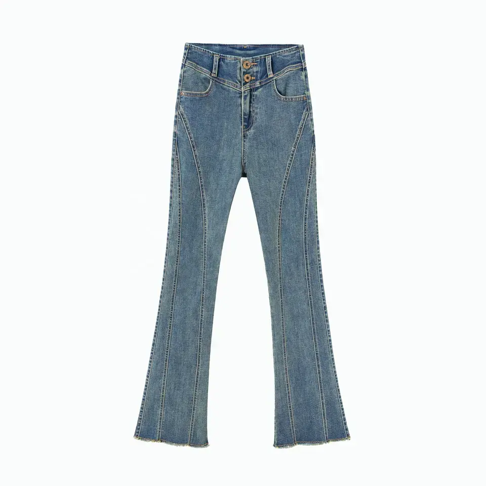 Fashion Versatile Slim Wide Leg Denim Pants Washed Perforated Denim Flare Pants Women High Waist Bell Bottoms Jeans