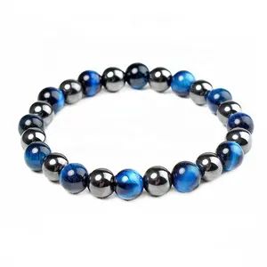 SN1930 Wholesale Factory Price Natural Stone Mala 8mm Hematite Blue Tiger's Eye Beaded Bracelet For Men