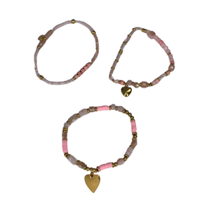 Fashion Beaded <b>Bracelets</b> <b>Set</b> Pink Gray Gold Tone Heart Charm 316L Stainless Steel PVD Plated Sustainable Resistant Jewelry - Product Image 2