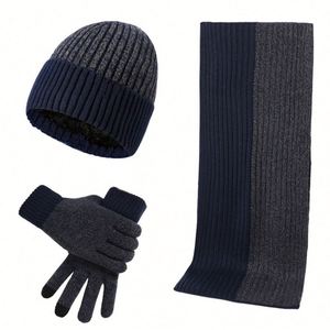 Ensemble bonnet, écharpe et gants en tricot jacquard à carreaux, épaissi, bicolore, pour l'automne et l'hiver - Product Image 4