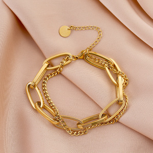 2024 moda retro 18K oro doble capa pulsera Ins temperamento Acero inoxidable ovalado grueso cadena pulsera famme - Product Image 1