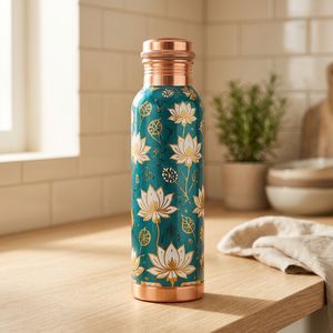 Teal Copper <b>Water</b> <b>Bottle</b> with Gold Lotus Flower Pattern Portable <b>Metal</b> Flask with Lid for Home - Product Image 1