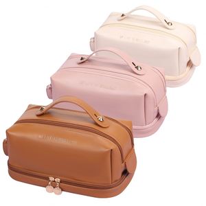 Waterproof Simple Cosmetics Bags Fashion Double Zipper Handle Bag Soft Portable Toiletries Pouch <b>Washbag</b> PU Leather Make up Bag - Product Image 1