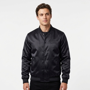 Blouson universitaire noir en satin de haute qualité 2026 pour homme avec logo, col côtelé à boutons-pression, style sportif, type bomber de baseball - Product Image 1