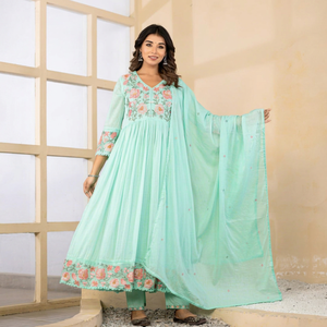 Ensemble Anarkali vert en coton brodé pour femme, longueur genou, avec dupatta, style traditionnel, coupe régulière, séchage rapide, tenue décontractée pour mariage - Product Image 1