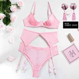 Striptizci See Through pembe iç çamaşırı setleri seksi olgun Lady sıcak Sheer Bralette sutyen külot jartiyer kemer seti meme kapağı ile - Product Image 5