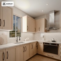 Meuble de cuisine Shaker en placage de bois avec portes encadrées, aménagement en L, dimensions personnalisées, boîtes en panneaux mélaminés et rangement coulissant