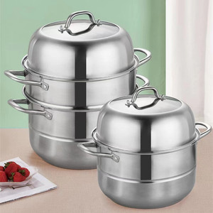 Vaporera de acero inoxidable de 3 niveles y 2 capas engrosadas para uso doméstico, compatible con cocinas de gas e inducción. - Product Image 1